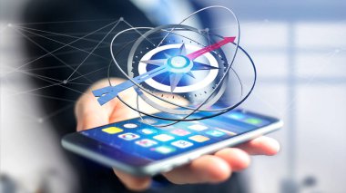 Görüş Smartphone'da - 3d render bir gezinti pusula kullanarak bir iş adamı