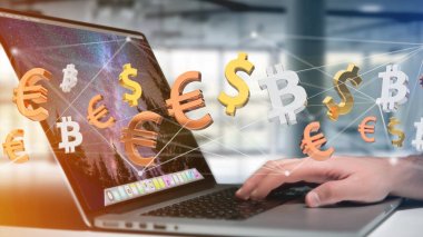 Dolar, Euro ve Bitcoin işaretler bir ağ bağlantı - 3d render uçan görünümünü