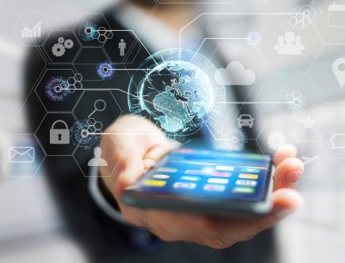 Teknoloji simgesi ve küre küre - Dünya çapında iş kavramı futuristik bir arabirim üstünde görüntülenen bir uluslararası iş ağ bağlantısının görünümü