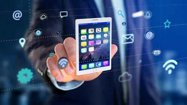 View Businessman Holding Tablet Surrounding App Social Icon Render — Stock Photo, Image