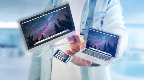 View Devices Smartphone Tablet Computer Flying Connection Network Render — Stock Photo, Image