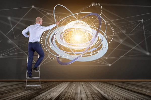 Futuristik bir arayüze işadamı önünde bir duvar ile bağlı dünya kavramı simge görünümü 