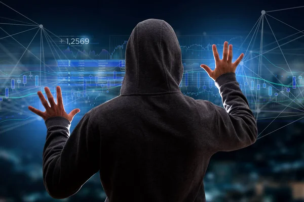 Egy Hacker Embermás Sötétben Használ Számítógép Hoz Csapkod Adat Információs — Stock Fotó