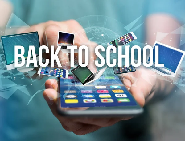 Vista Título Vuelta Escuela Rodeado Dispositivos Como Teléfonos Inteligentes Tabletas —  Fotos de Stock