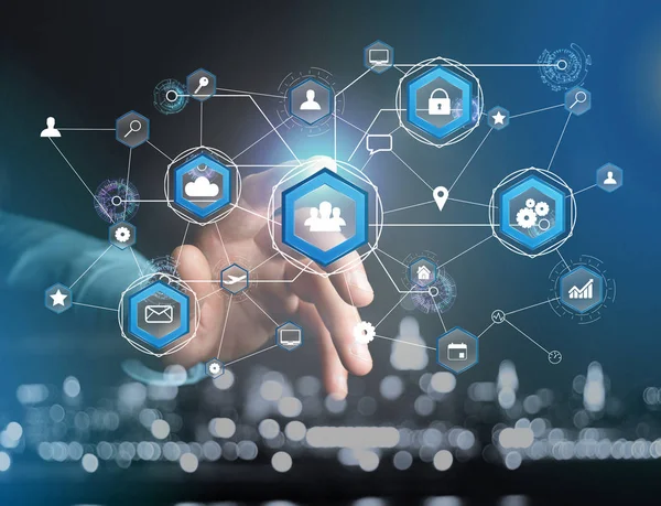 Teknoloji simgesi ve küre küre - Dünya çapında iş kavramı futuristik bir arabirim üstünde görüntülenen bir uluslararası iş ağ bağlantısının görünümü