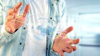 Bir 3d tutan bir işadamı görünümünü render veri bilgi görüntülenmesini futuristik bir arayüze Ticaret Borsası
