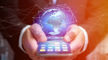 Akıllı telefon kullanan olan bağlı bir ağda bir futuristik bir arayüze - 3d render bir dünya küre kavram üzerinden bir işadamı görünümünü