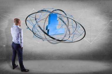 Bir duvar bir ağ bağlantı - 3d render uçan Litecoin Kripto para birimi işaretiyle önünde bir işadamı görünümünü