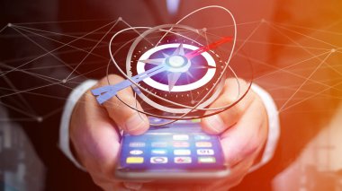 Görüş Smartphone'da - 3d render bir gezinti pusula kullanarak bir iş adamı