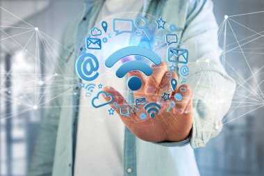 Multimedya ve internet uygulama logo - 3d render çevrili bir wifi sembol bağlantı görünümü