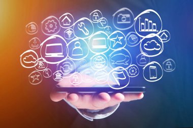 Bir teknoloji el görünümünü futuristik bir arayüze - Multimedya kavram kavramı üzerinde görüntülenen simge çizilmiş