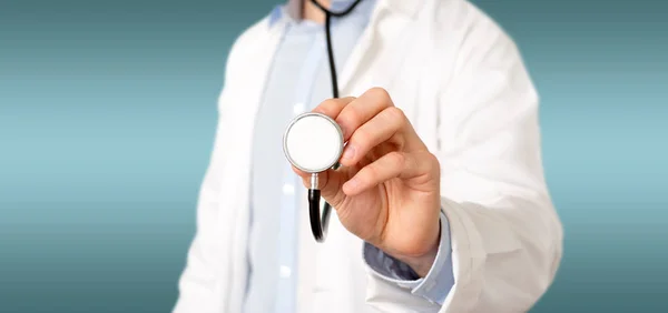 View Doctor Pointing Using Stethoscope Clinic — Stock Photo, Image