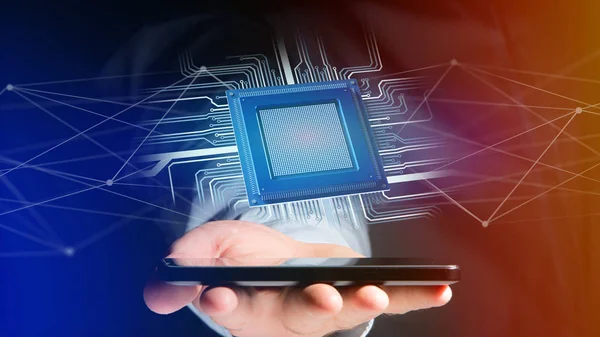 View Businessman Using Smartphone Processor Chip Network Connection Render — Stock Photo, Image