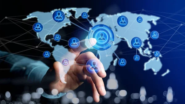 View Businessman Holding Network Connected World Map Render — Stock Photo, Image