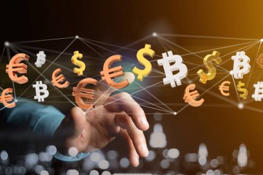 Dolar, Euro ve Bitcoin işaretleri ağ bağlantı etrafında uçan görünümü