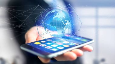 İşadamı dünya küre altında bağlı ağ ile smartphone kullanarak görünümünü 