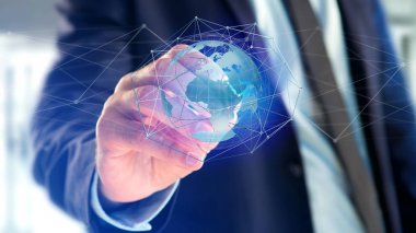 Dünya Dünya kavramı üzerinde futuristik bir arayüze üzerinden ağ tutan işadamı görünümünü bağlı 