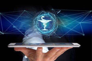 Futuristik bir arayüze eczane tıbbi simgesinin görünümü 