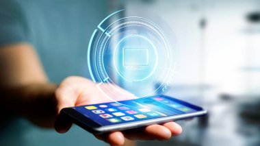 Parlak teknolojik bilgisayar düğme üstünde smartphone kullanan adam görünümünü