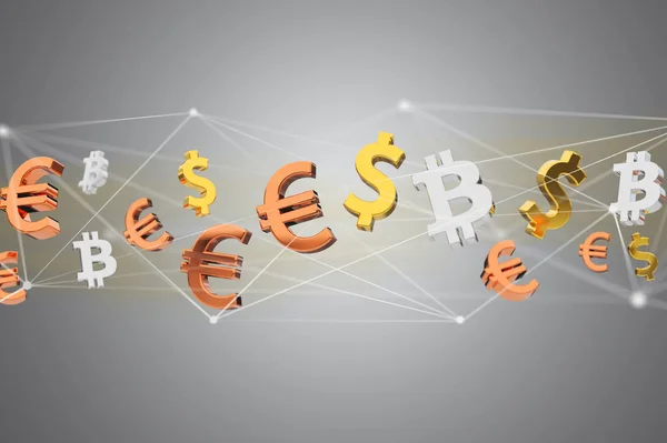 Вид Знаков Доллара Евро Биткойна Летающих Вокруг Сетевого Соединения — стоковое фото