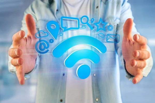 View of wifi symbol connection surrounded by multimedia and internet application logo