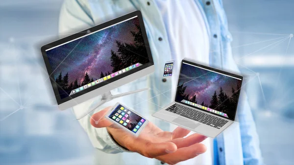 View Smartphone Tablet Computer Flying Connection Network — Stock Photo, Image