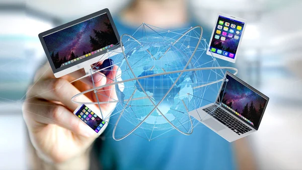 View Man Holding Computer Devices Displayed Futuristic Interface International Network — Stock Photo, Image