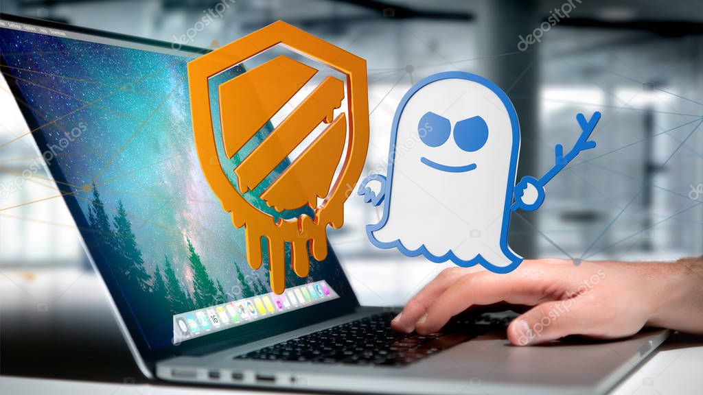 View of businessman holding meltdown and spectre processor attack with network connection 