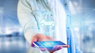 Erkek el ile smartphone üzerinde futuristik bir arayüze simgesine araba