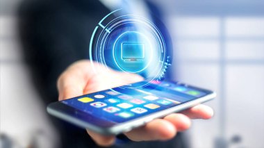 Parlak teknolojik bilgisayar düğmesi erkek el smartphone üzerinde