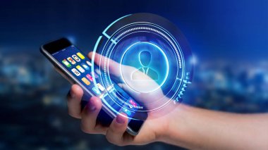 Erkek el ile smartphone üzerinde parlak teknolojik ağ iletişim düğmesini