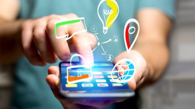 El iş, multimedya çizilmiş simgeler ve teknoloji 