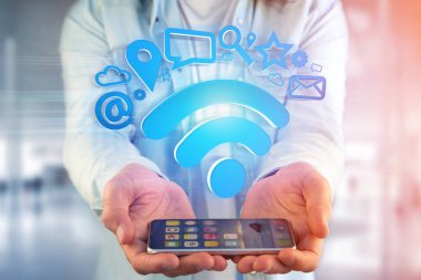 wifi sembol bağlantı Multimedya tarafından çevrili ve Internet uygulama logolar erkek vücut üzerinde