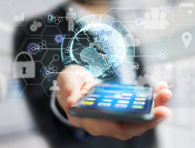 Teknoloji simgeleri ve küre küre ile uluslararası iş ağ bağlantısı