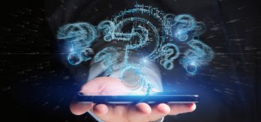 Arka plan üzerinde soru işaretleri erkek ile el