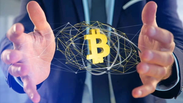 Bitcoin Cryptocurrency Işareti Etrafında Uçan Bağlantısı — Stok fotoğraf