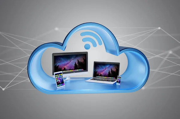 smartphone, tablet and computer displayed in cloud
