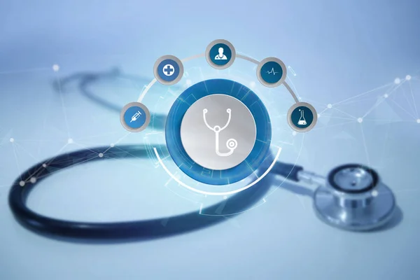 Medicine and general healthcare icons displayed on technology interface