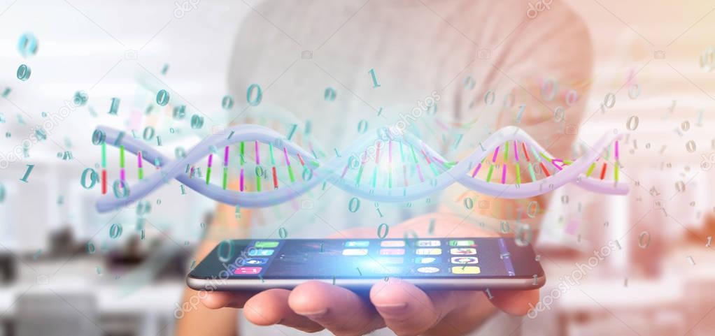 data coded Dna with binary file around over male hand with smartphone