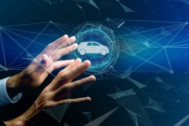 Erkek eller futuristik arabirim üstünde araba simgesi