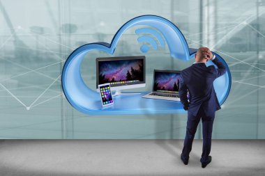 Akıllı telefon, tablet ve bilgisayar gibi cihazlar ile duvar önünde işadamı
