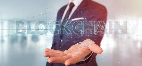 Man Holding Blockchain Title Dark Background — Stock Photo, Image