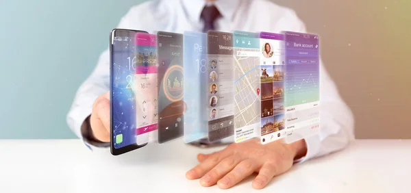 Modelo Aplicativo Smartphone Sobre Corpo Empresário — Fotografia de Stock