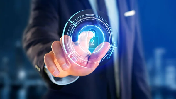 Businessman Holding Shinny Technologic Locker Security Button — Stock Photo, Image