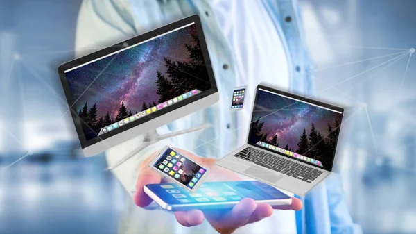 Devices Smartphone Tablet Computer Flying Connection Network — Stock Photo, Image