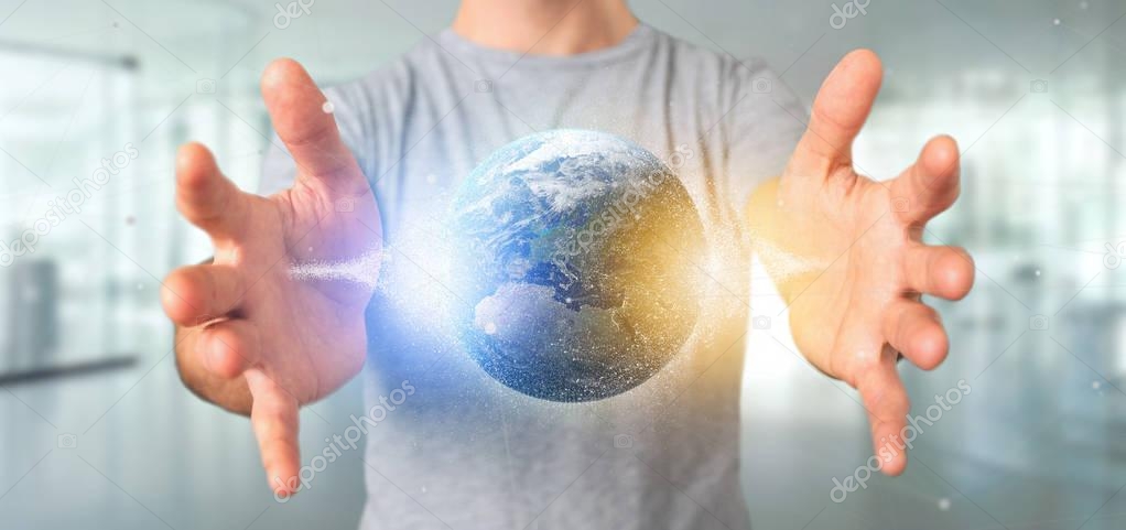 Man holding 3d rendering particles earth globe 