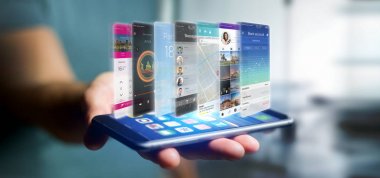 3D işleme uygulaması şablonu tutan işadamı 