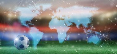 Bir dünya haritası üzerinde bir futbol stadyumu fot Dünya Kupası yarışması - 3d işleme görünümünü