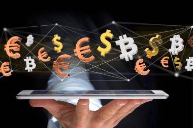 Dolar, Euro ve Bitcoin işaretler bir ağ bağlantı - 3d render uçan görünümünü
