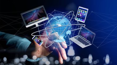 Bir bilgisayar ve uluslararası ağ - 3d render ile bir futuristik arabiriminde gösterilen aygıtlar tutan bir işadamı görünümünü